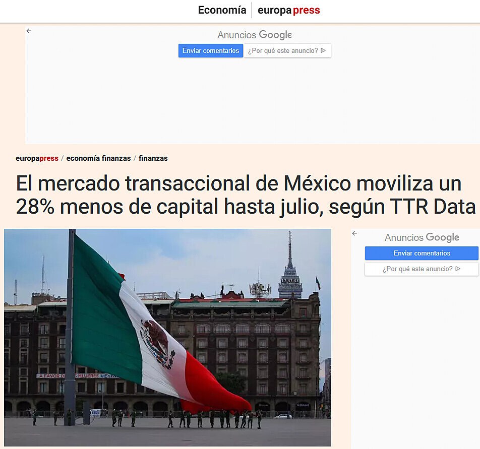 El mercado transaccional de Mxico moviliza un 28% menos de capital hasta julio, segn TTR Data